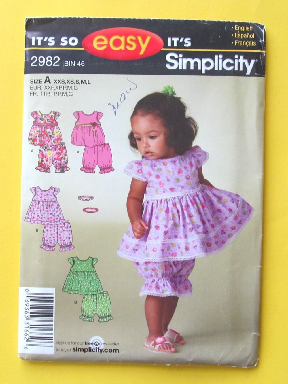 2/$20 Simplicity sewing pattern 2982 Baby summer outfit